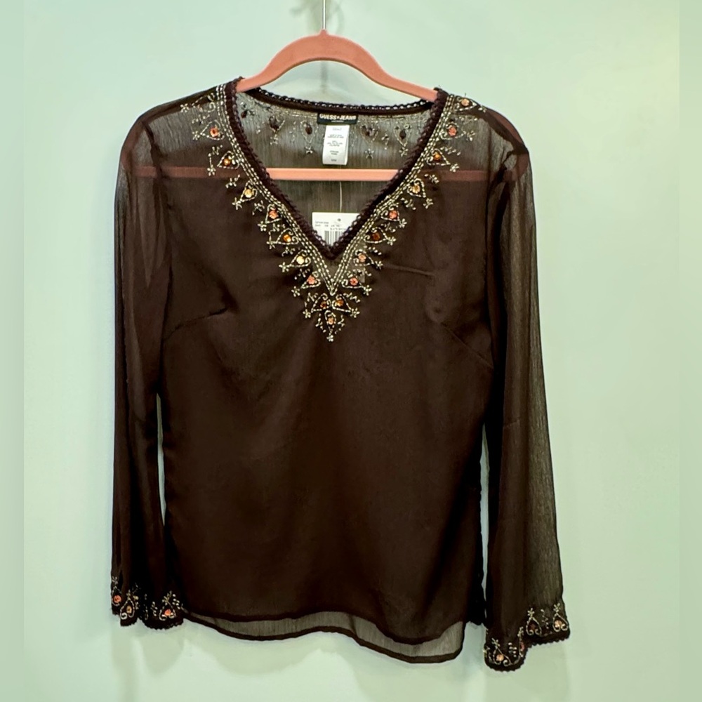 NWT GUESS Women’s Sheer Slate Brown Embellished Tunic